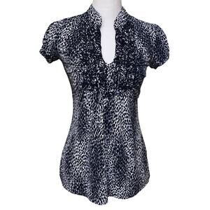 Vtg Y2k Ruffle V-Neck Empire Waist babydoll Top Womens sz S animal print 90s